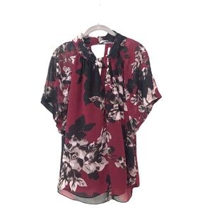 Chiffon blouse. Dressy/work appropriate. Burgundy w/black & grey floral